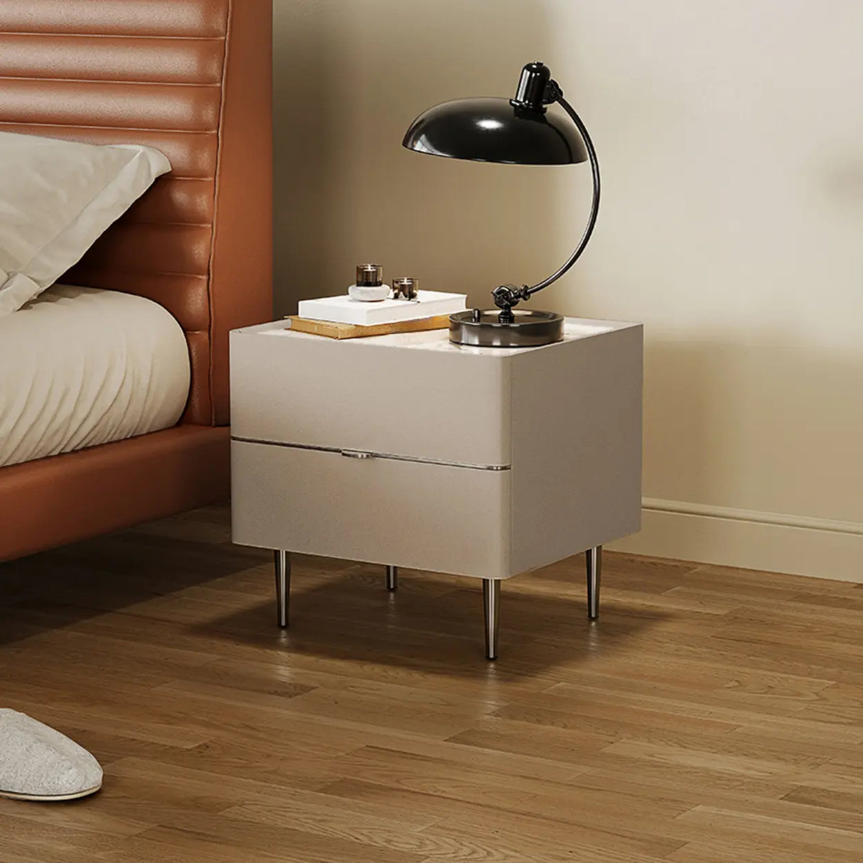 Modern Minimalist White Nightstand with Drawers & Metal Legs Image - 3