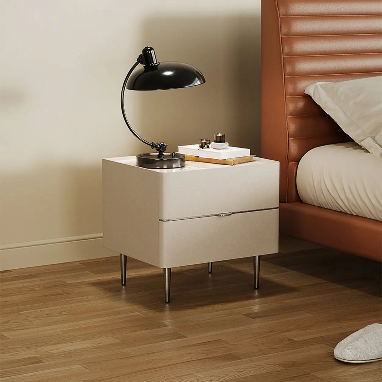 Modern Minimalist White Nightstand with Drawers & Metal Legs Image - 4