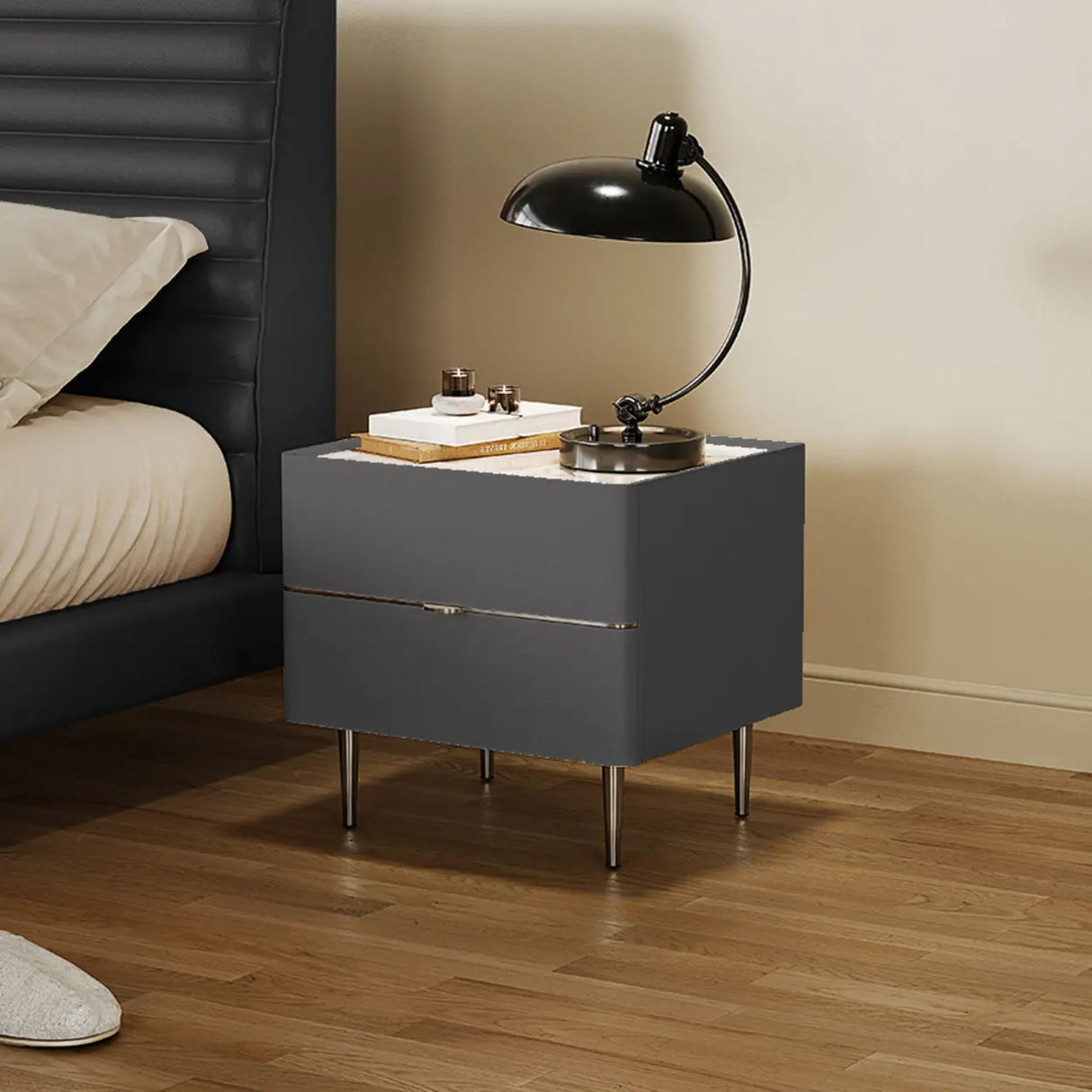 Modern Minimalist White Nightstand with Drawers & Metal Legs Image - 5
