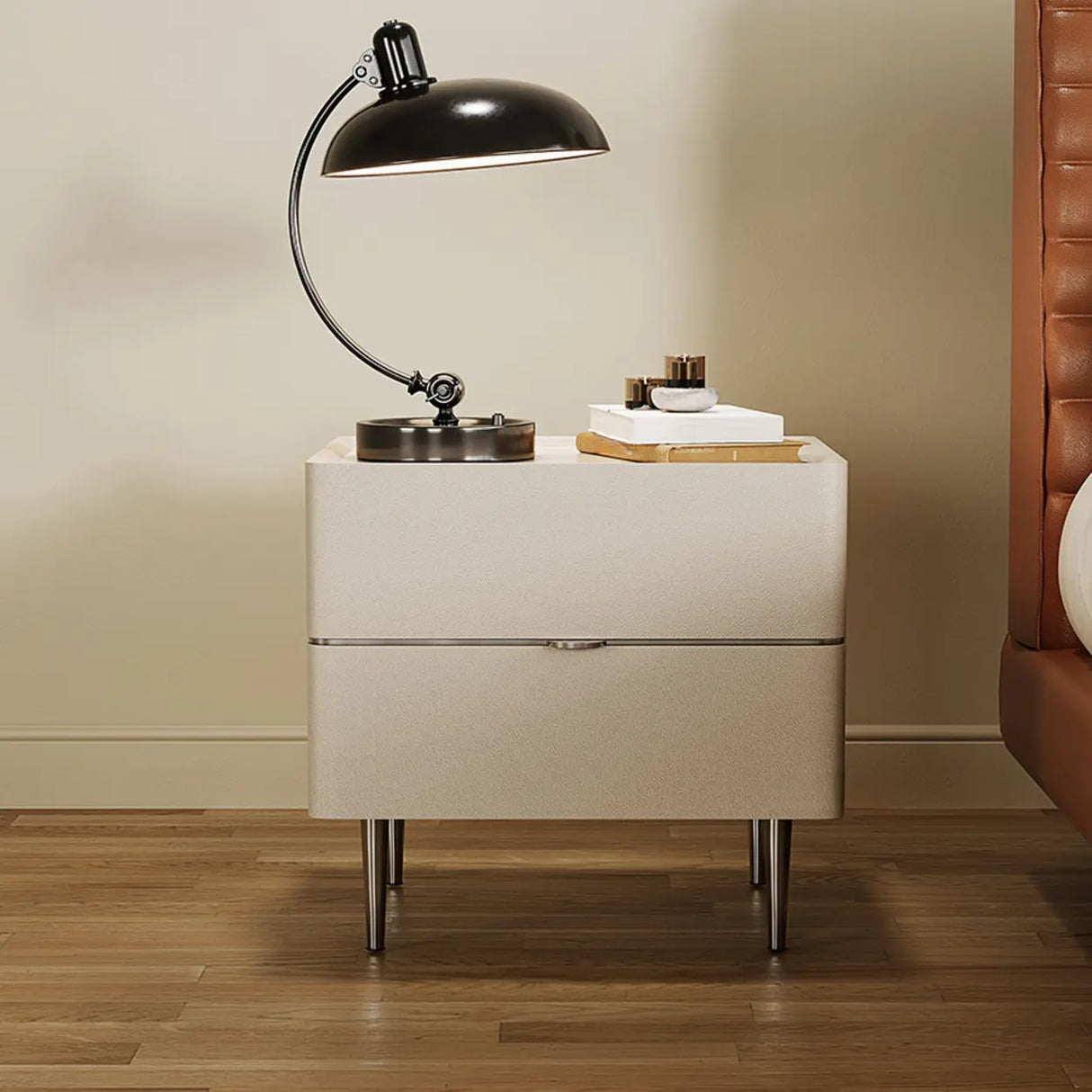 Modern Minimalist White Nightstand with Drawers & Metal Legs Image - 6