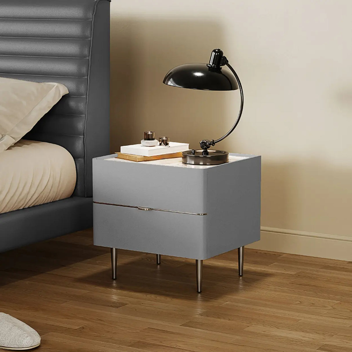 Modern Minimalist White Nightstand with Drawers & Metal Legs Image - 7