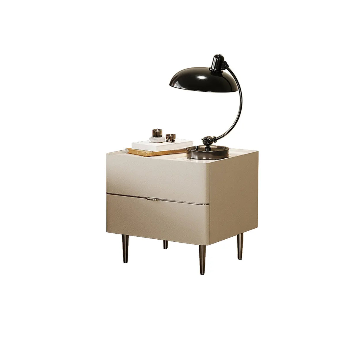Modern Minimalist White Nightstand with Drawers & Metal Legs Image - 8