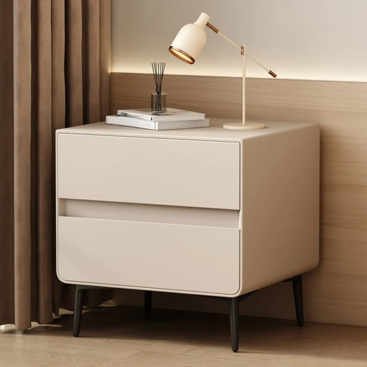 Modern Minimalist White Nightstand with Drawers and Legs Image - 1