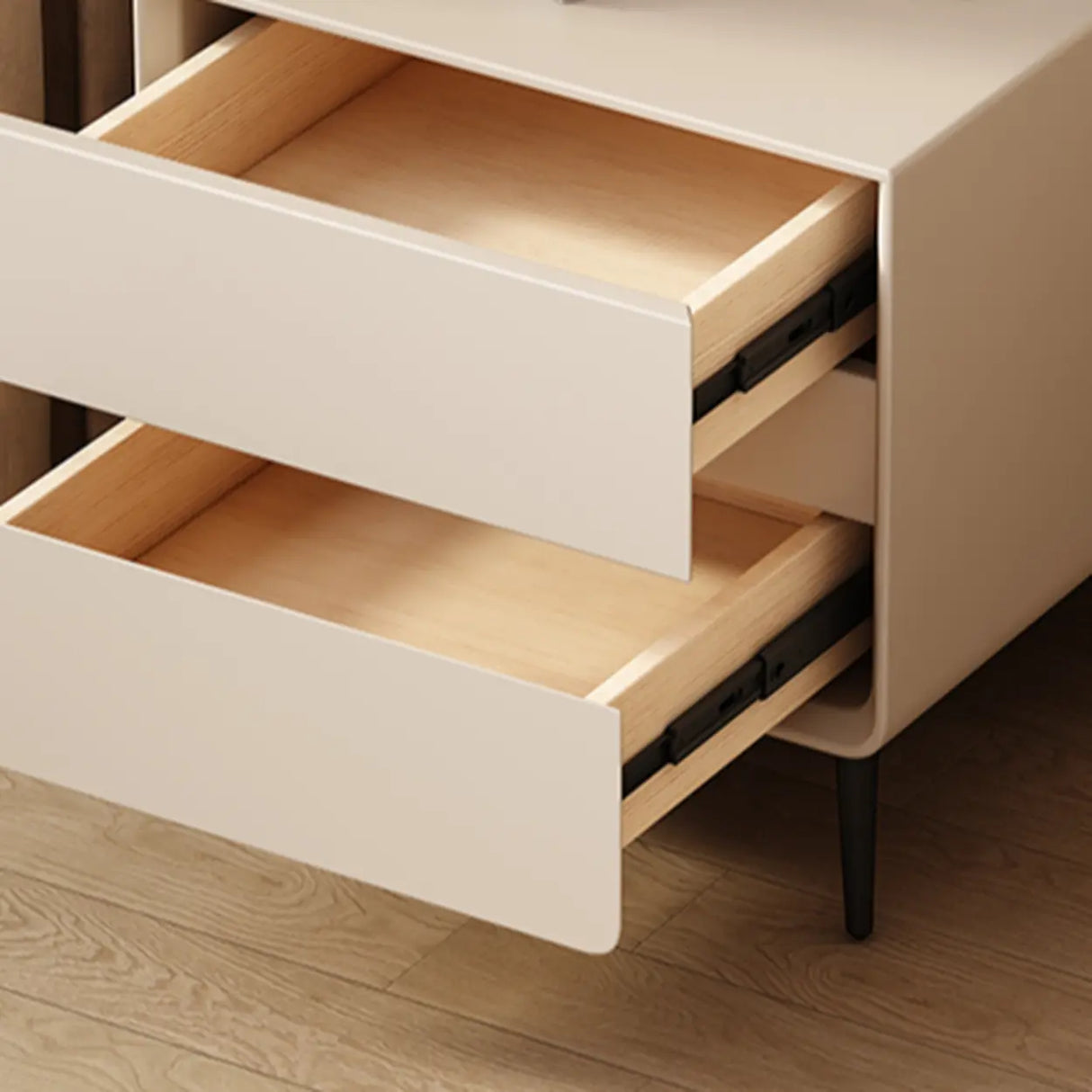Modern Minimalist White Nightstand with Drawers and Legs Image - 10