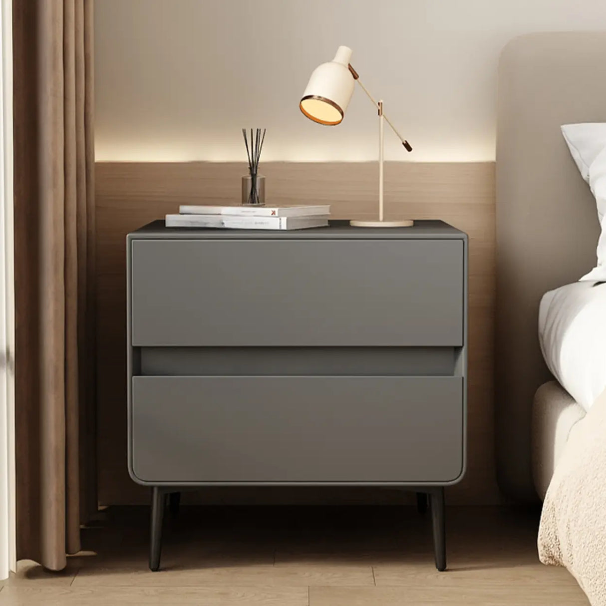 Modern Minimalist White Nightstand with Drawers and Legs Image - 12