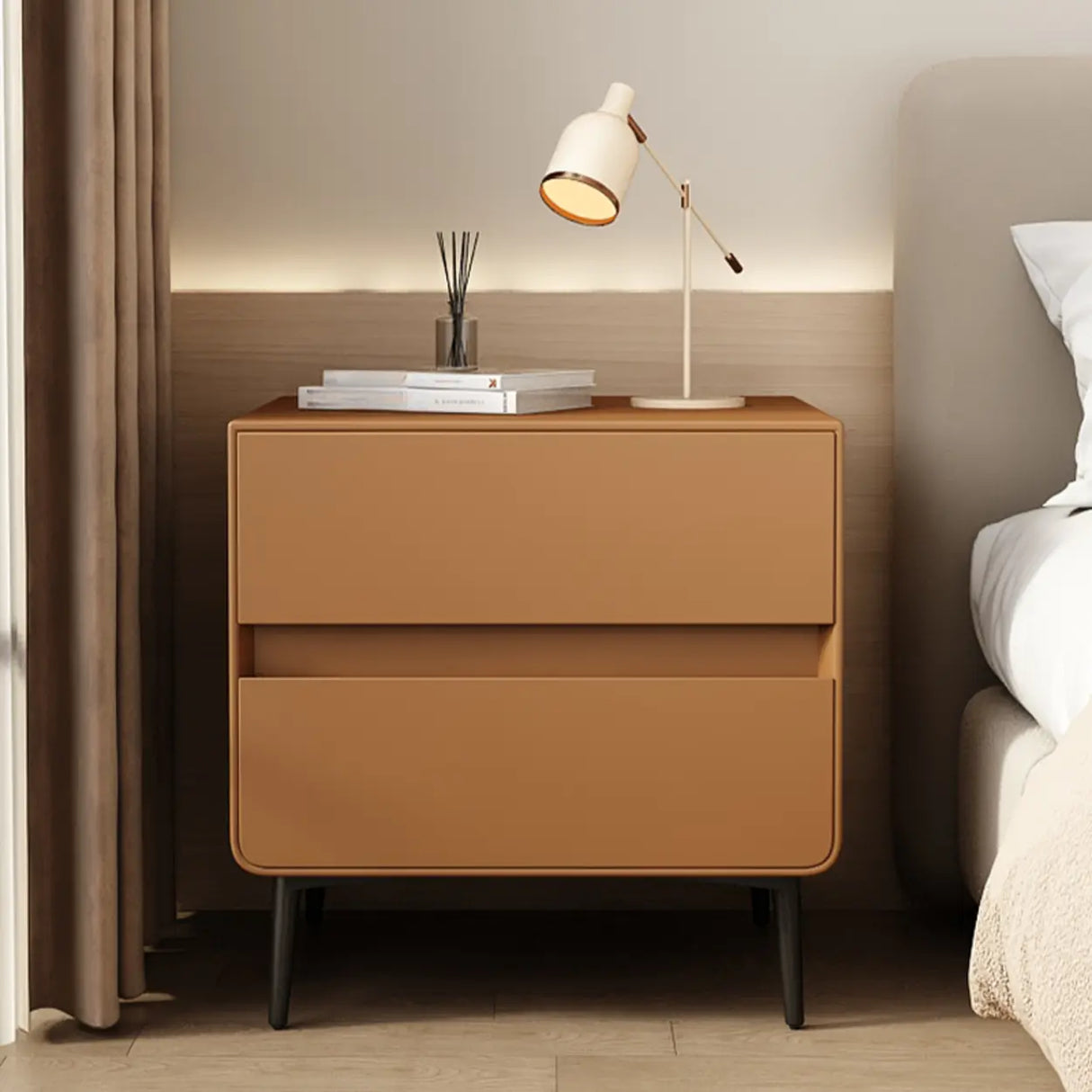 Modern Minimalist White Nightstand with Drawers and Legs Image - 13