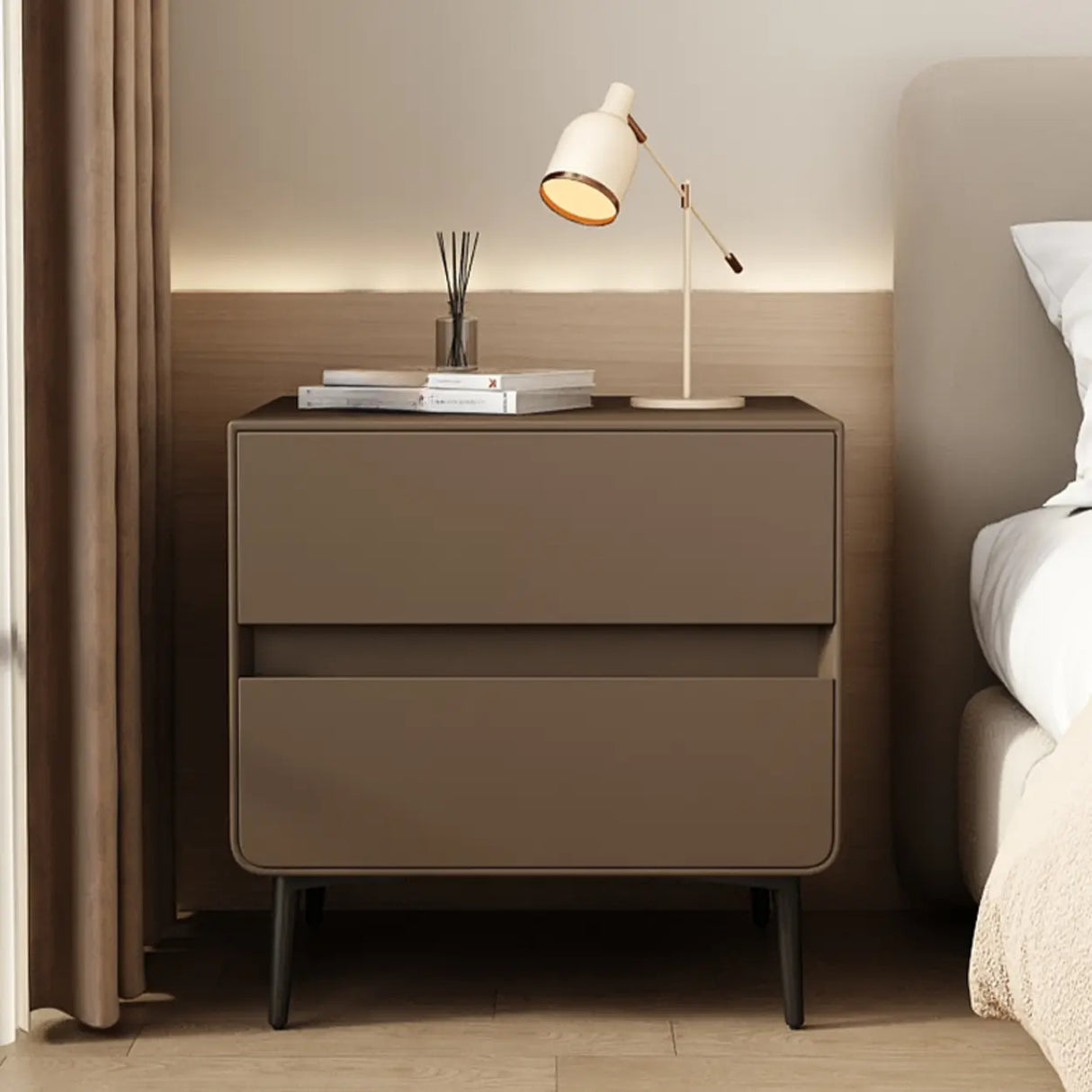 Modern Minimalist White Nightstand with Drawers and Legs Image - 14