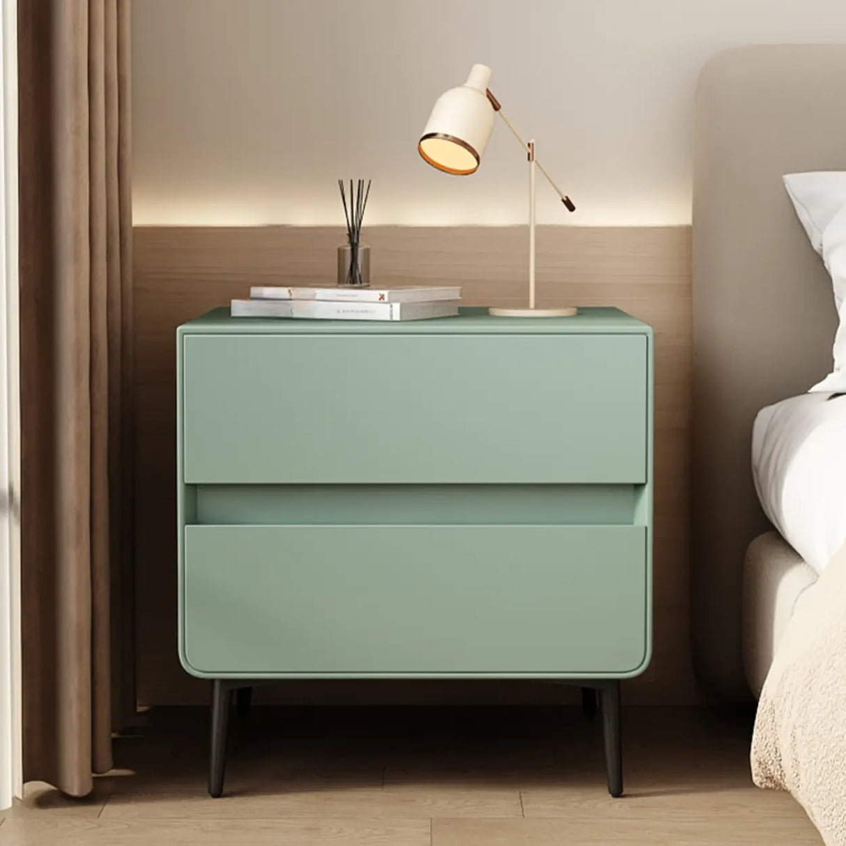 Modern Minimalist White Nightstand with Drawers and Legs Image - 15