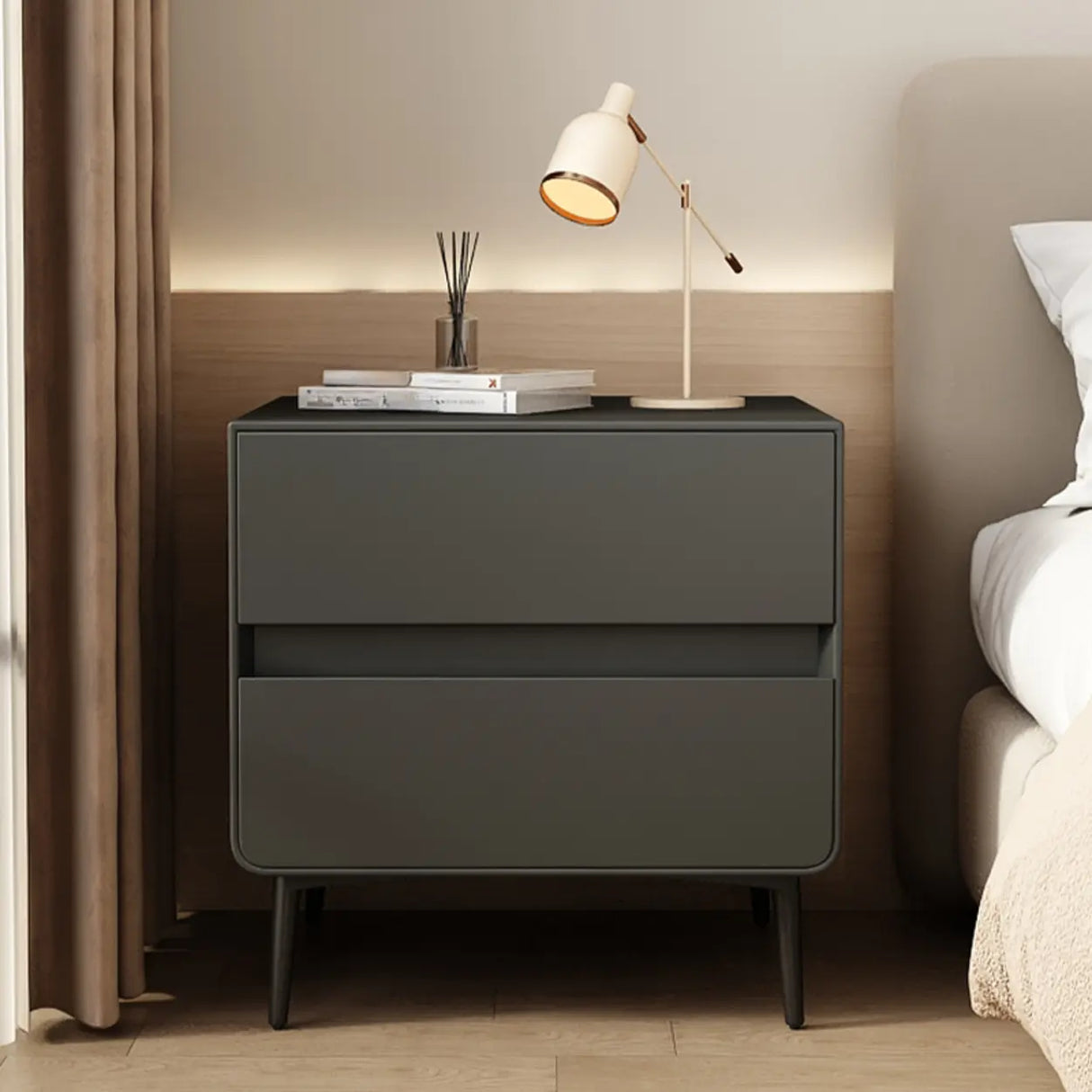 Modern Minimalist White Nightstand with Drawers and Legs Image - 16