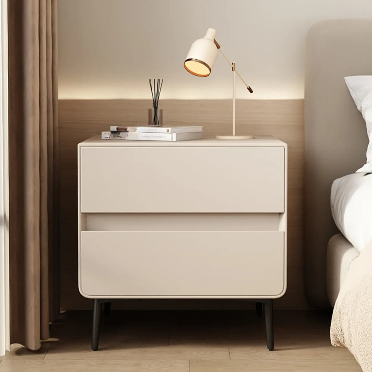 Modern Minimalist White Nightstand with Drawers and Legs Image - 2