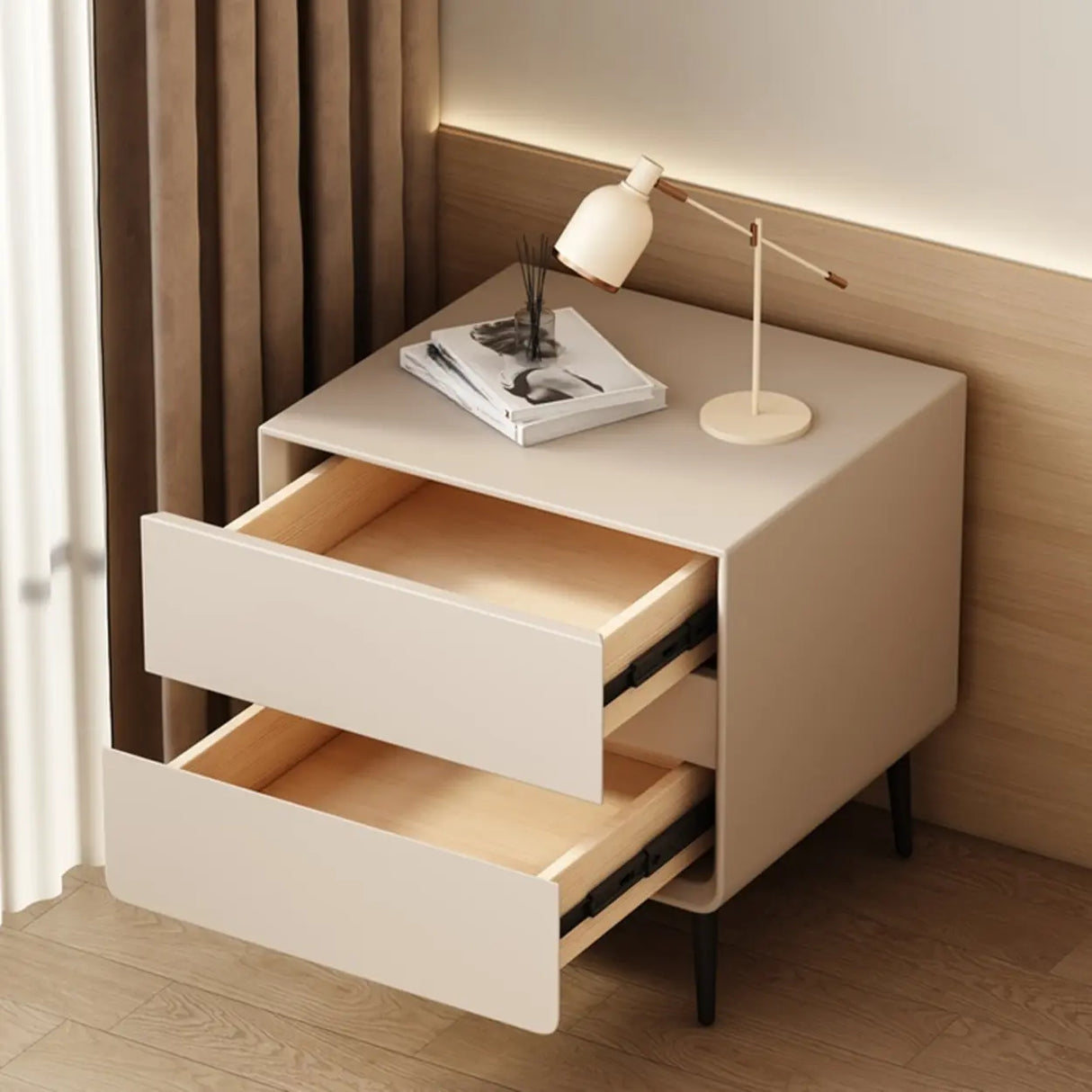 Modern Minimalist White Nightstand with Drawers and Legs Image - 3