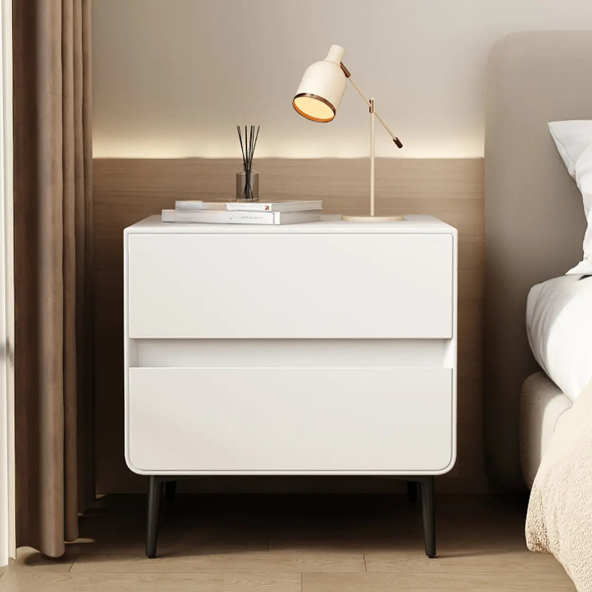 Modern Minimalist White Nightstand with Drawers and Legs Image - 4