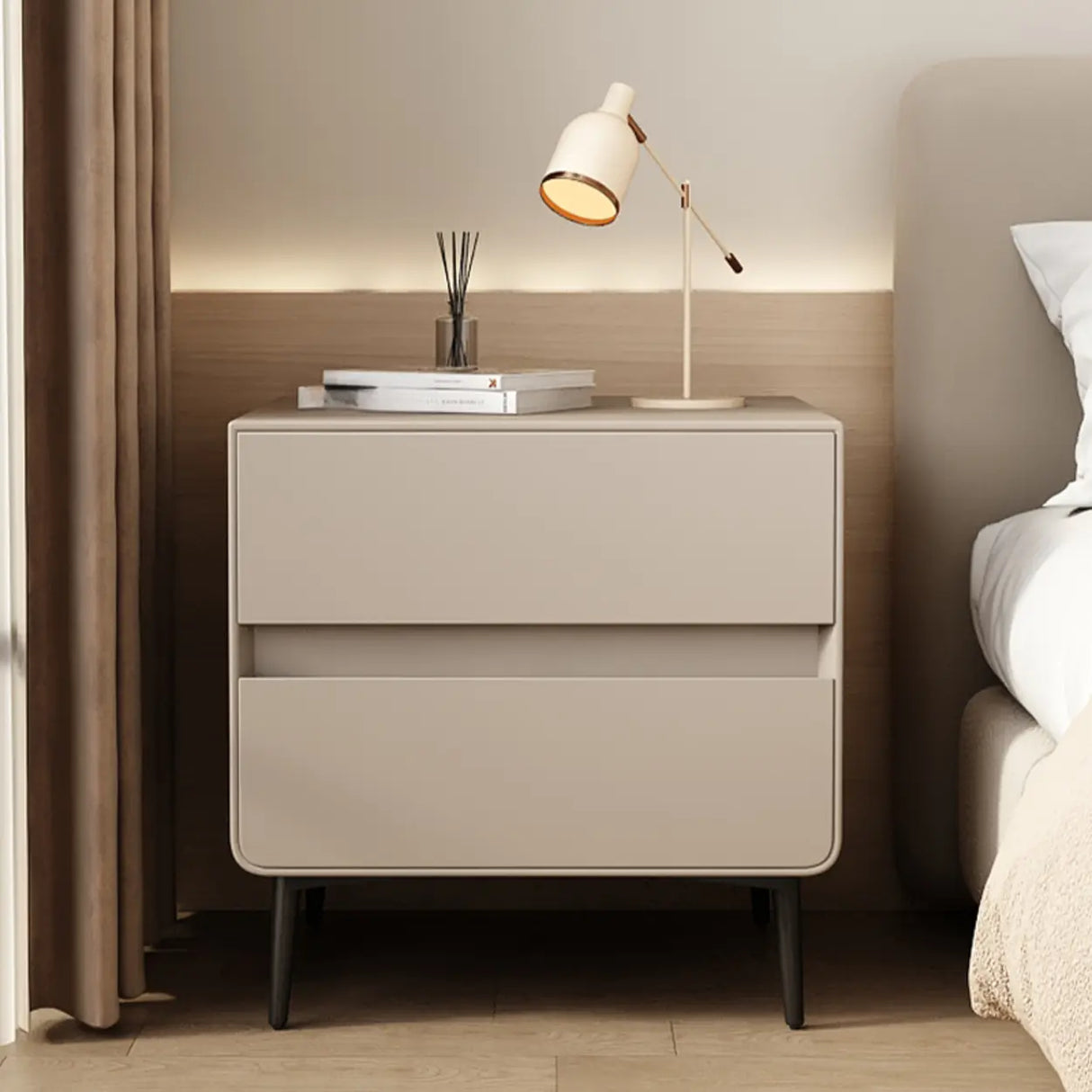 Modern Minimalist White Nightstand with Drawers and Legs Image - 7