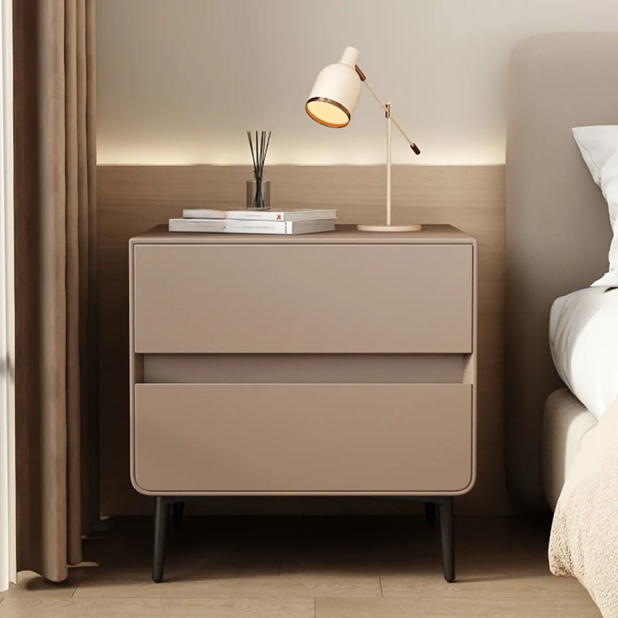 Modern Minimalist White Nightstand with Drawers and Legs Image - 9