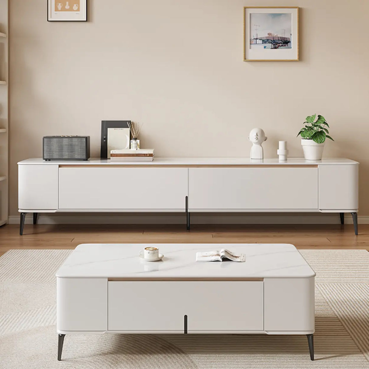 Modern Minimalist White TV Stand with Storage Image - 1