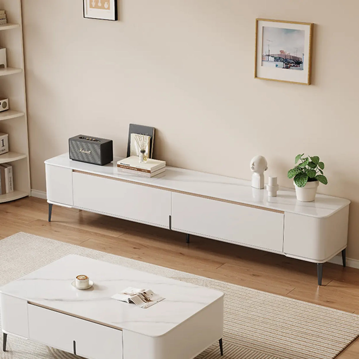 Modern Minimalist White TV Stand with Storage Image - 5