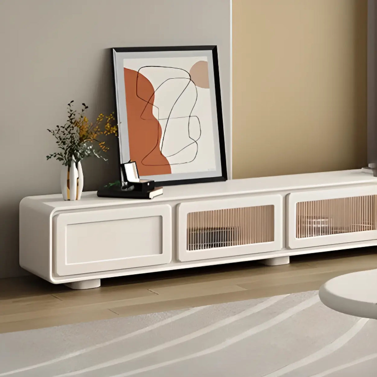 Modern Minimalist White TV Stand with Storage Cabinet Image - 3
