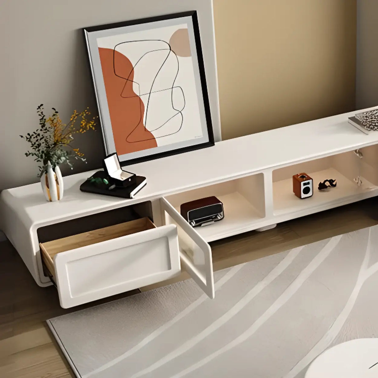 Modern Minimalist White TV Stand with Storage Cabinet Image - 4
