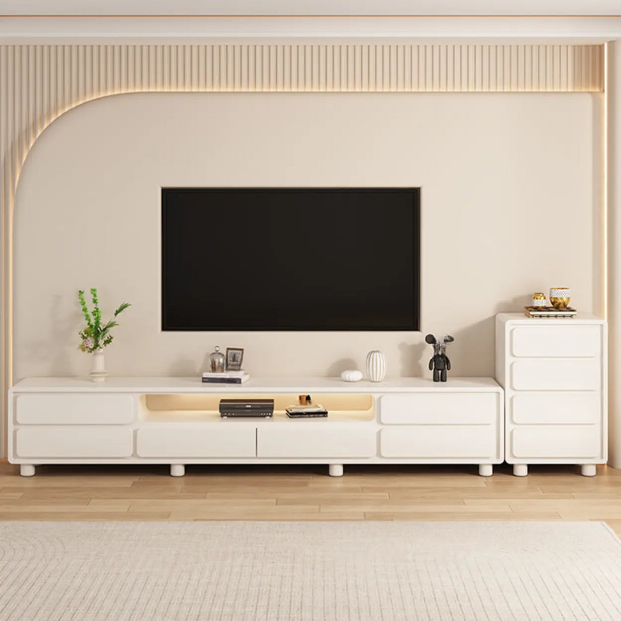 Modern Minimalist White TV Stand with Storage Drawers Image - 1