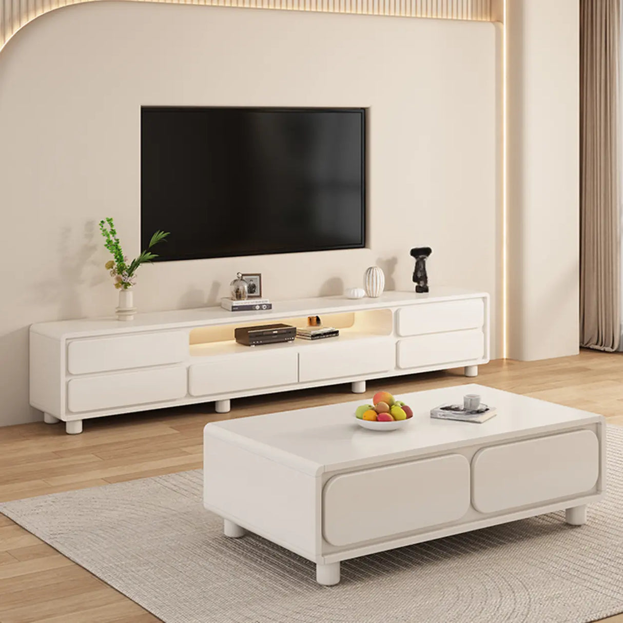 Modern Minimalist White TV Stand with Storage Drawers Image - 4