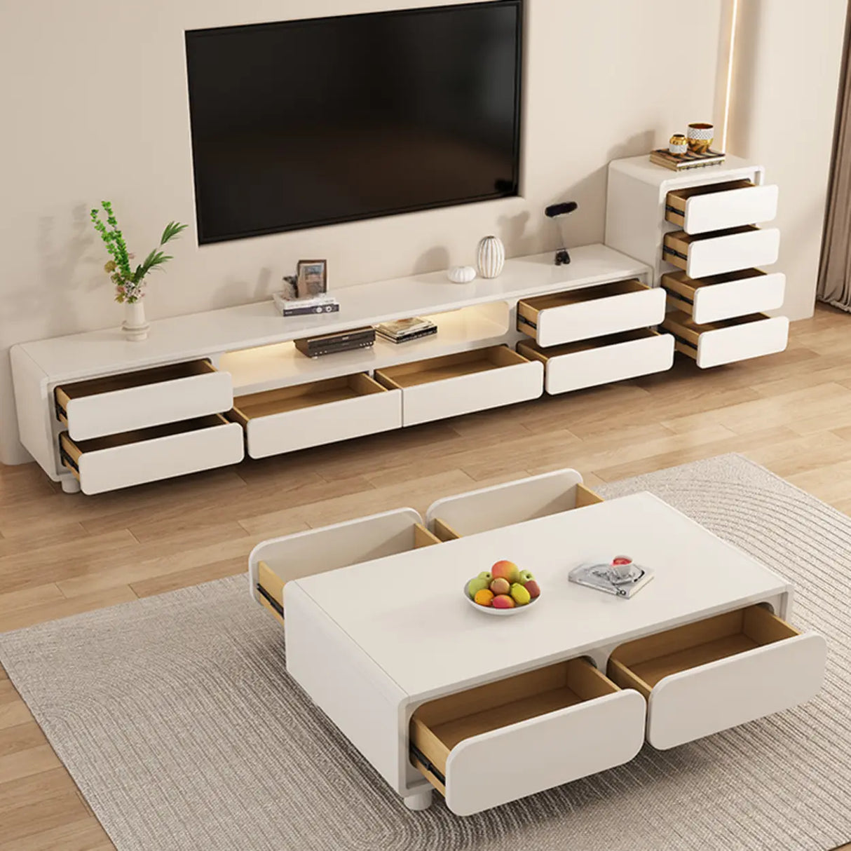 Modern Minimalist White TV Stand with Storage Drawers Image - 5