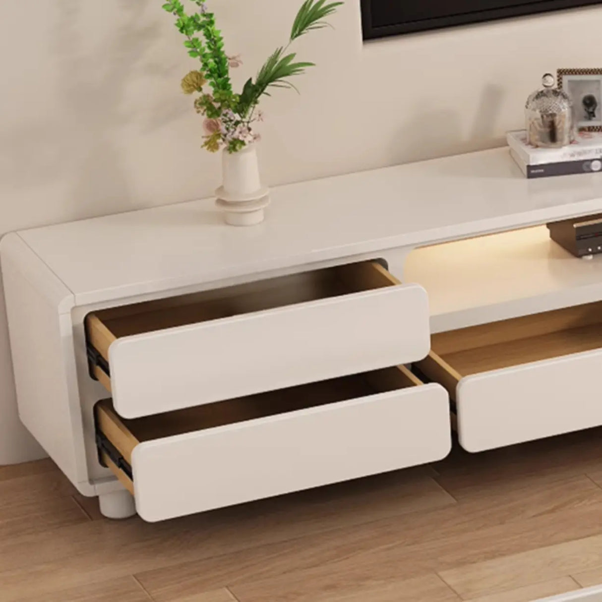 Modern Minimalist White TV Stand with Storage Drawers Image - 7