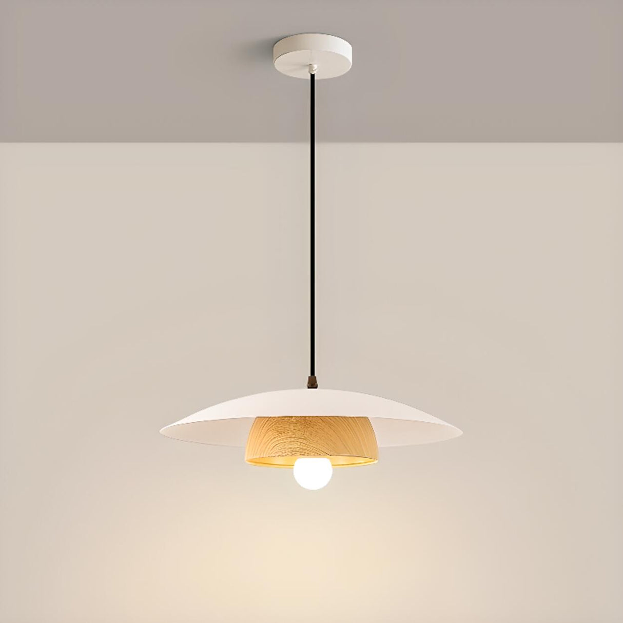 Modern Minimalist Wide Dome Walnut and Iron Pendant Light Image - 12