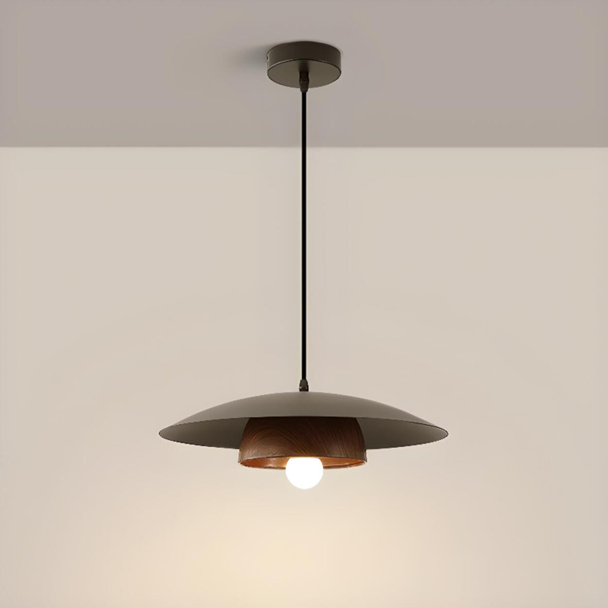 Modern Minimalist Wide Dome Walnut and Iron Pendant Light Image - 13
