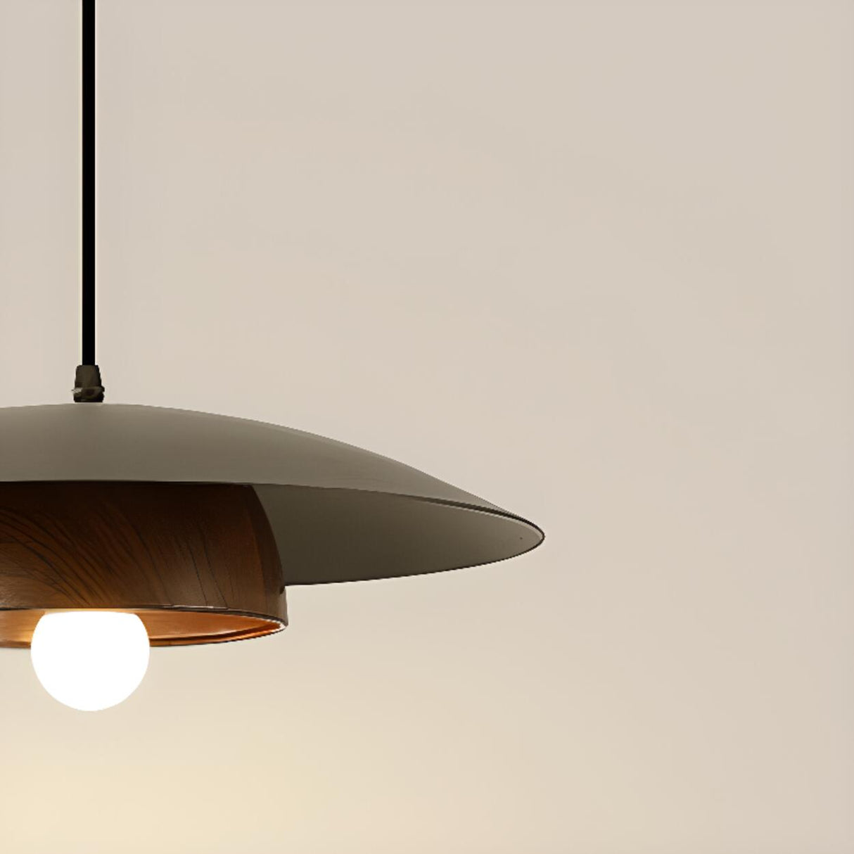 Modern Minimalist Wide Dome Walnut and Iron Pendant Light Image - 15