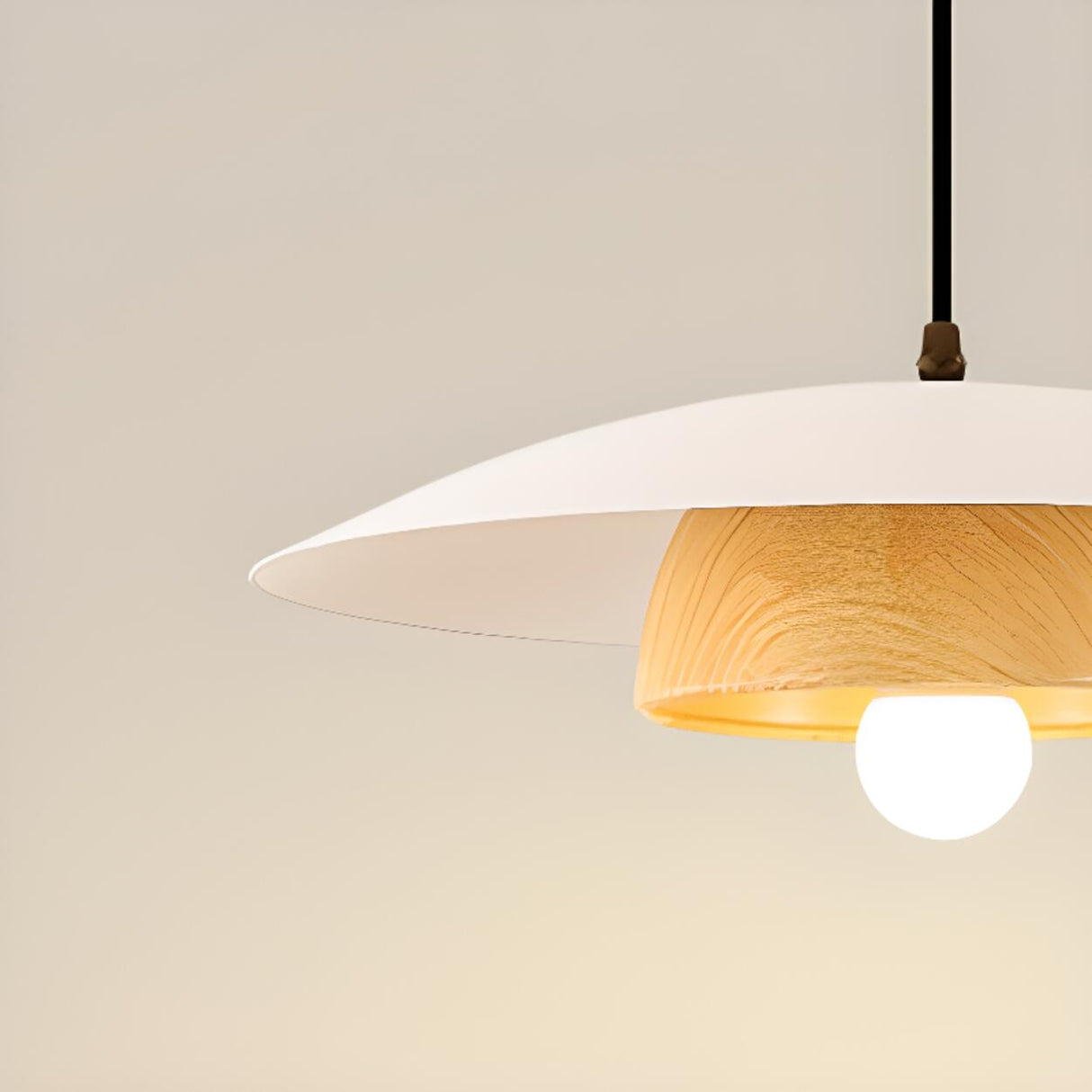 Modern Minimalist Wide Dome Walnut and Iron Pendant Light Image - 16