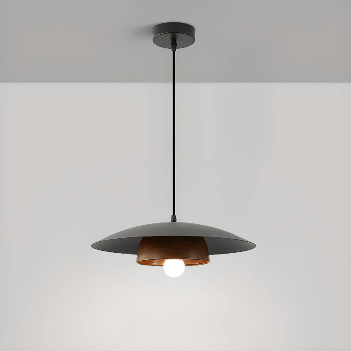 Modern Minimalist Wide Dome Walnut and Iron Pendant Light Image - 2