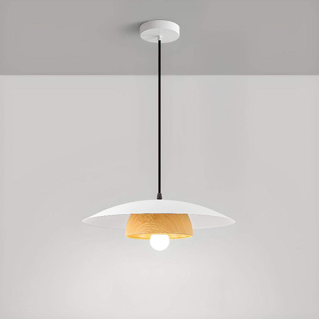 Modern Minimalist Wide Dome Walnut and Iron Pendant Light Image - 3