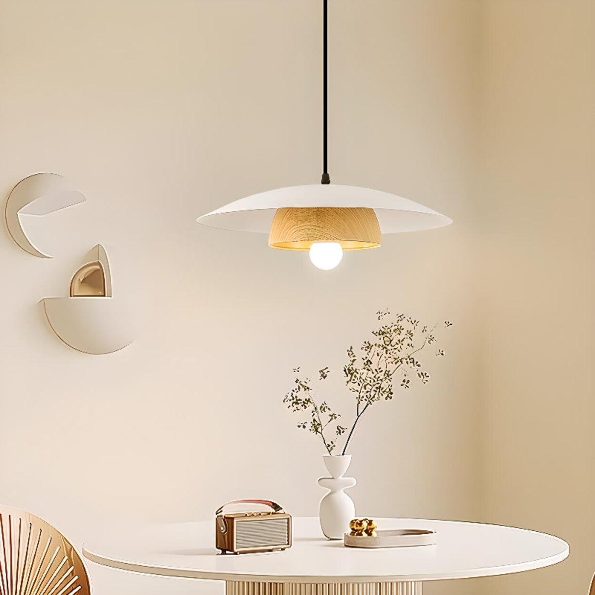 Modern Minimalist Wide Dome Walnut and Iron Pendant Light Image - 4