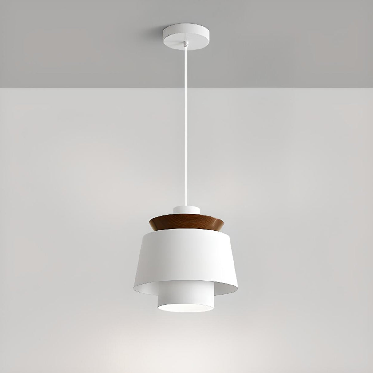 Modern Minimalist Wide Dome Walnut and Iron Pendant Light Image - 5