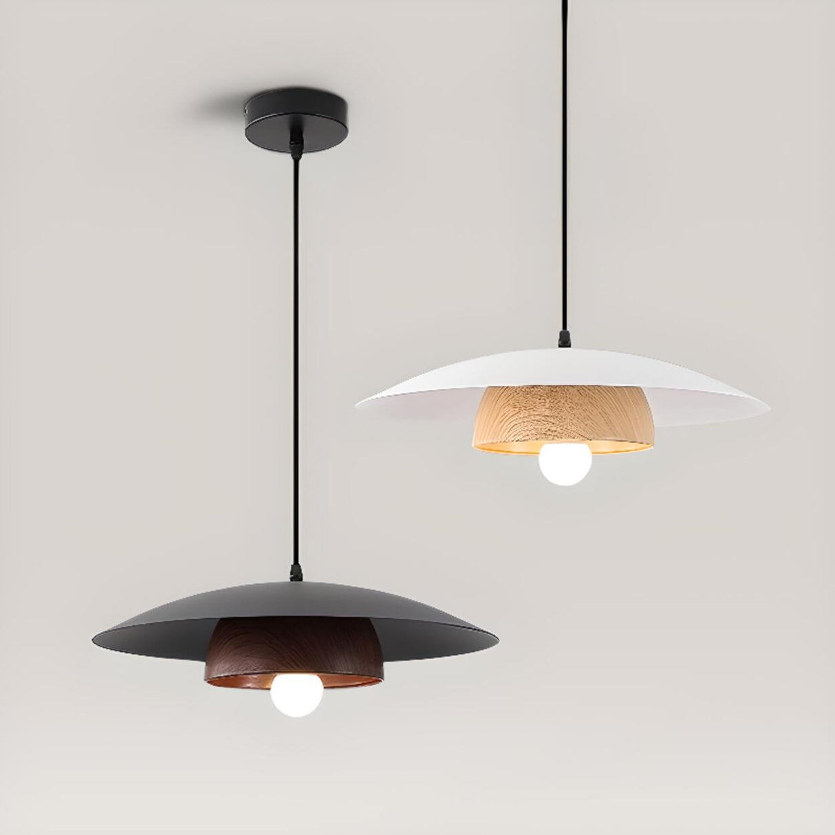 Modern Minimalist Wide Dome Walnut and Iron Pendant Light Image - 9