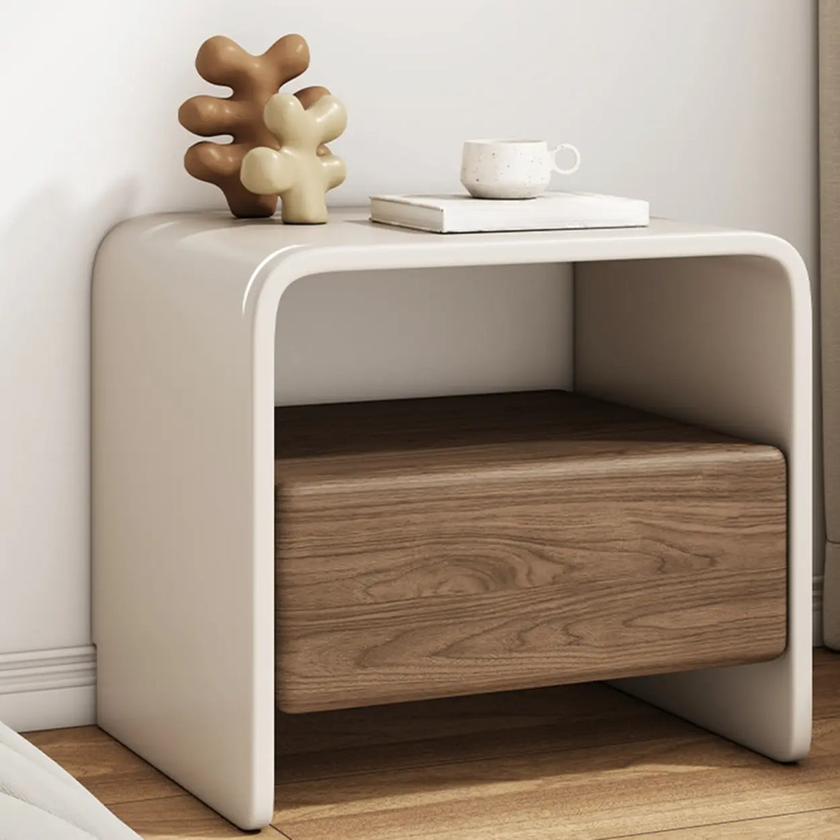 Modern Minimalist Wood White Nightstand with Drawer & Shelf Image - 1