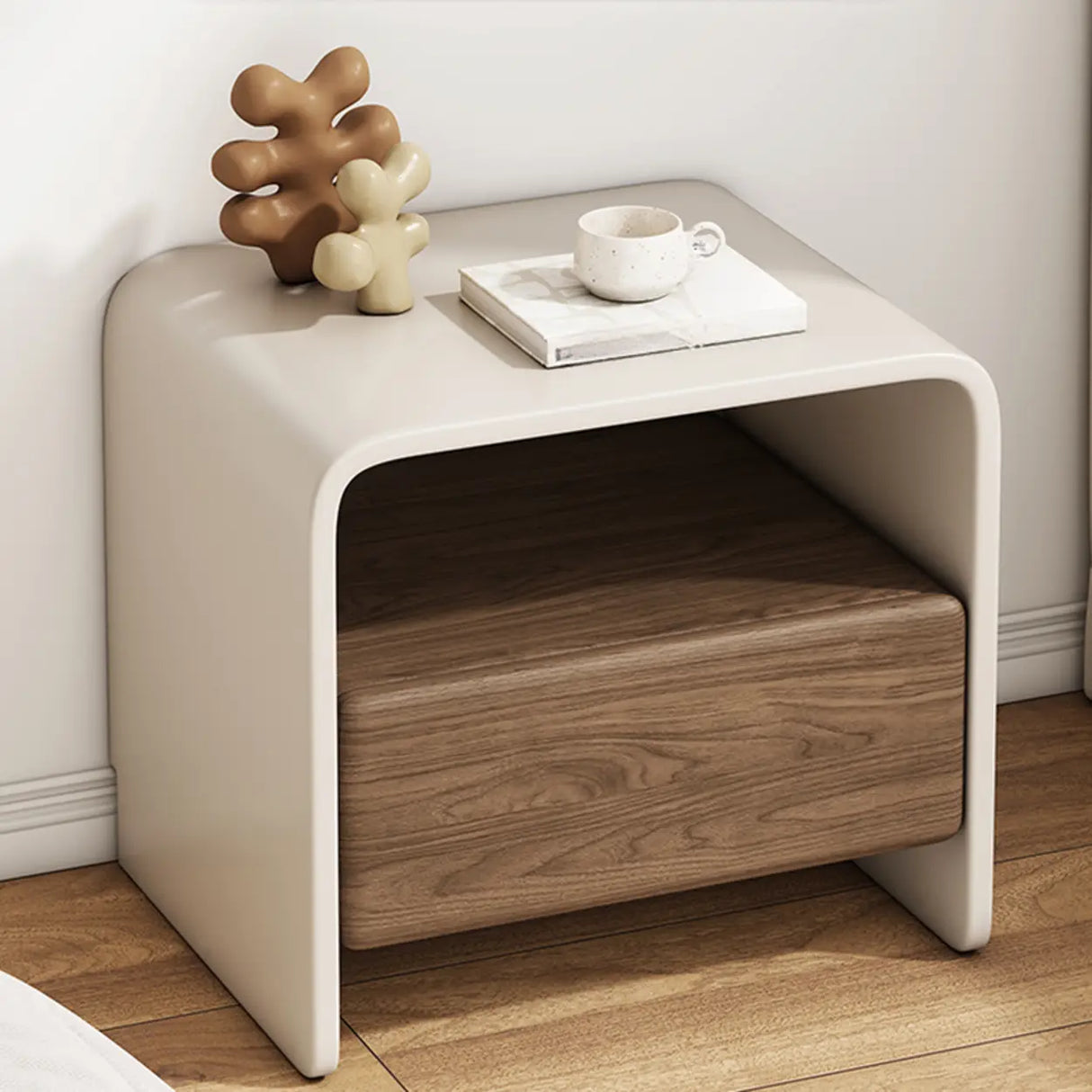 Modern Minimalist Wood White Nightstand with Drawer & Shelf Image - 3