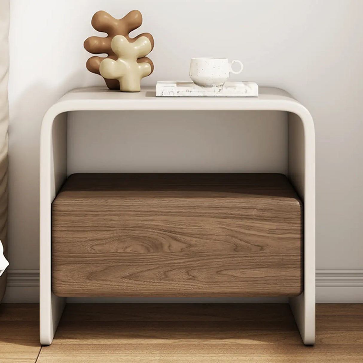 Modern Minimalist Wood White Nightstand with Drawer & Shelf Image - 4