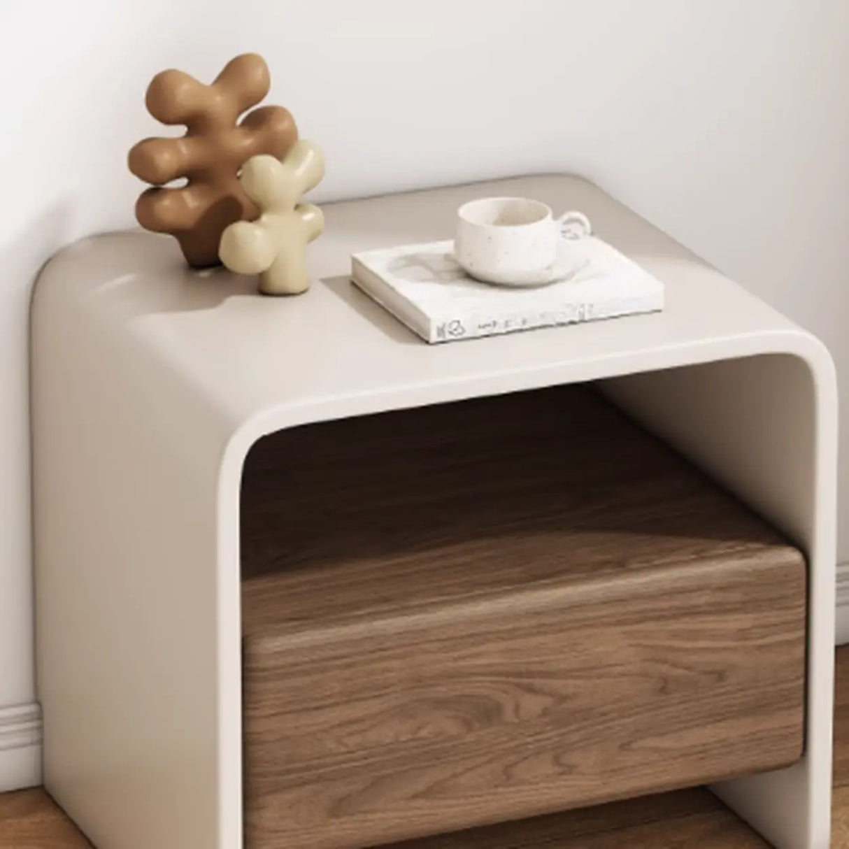 Modern Minimalist Wood White Nightstand with Drawer & Shelf Image - 5
