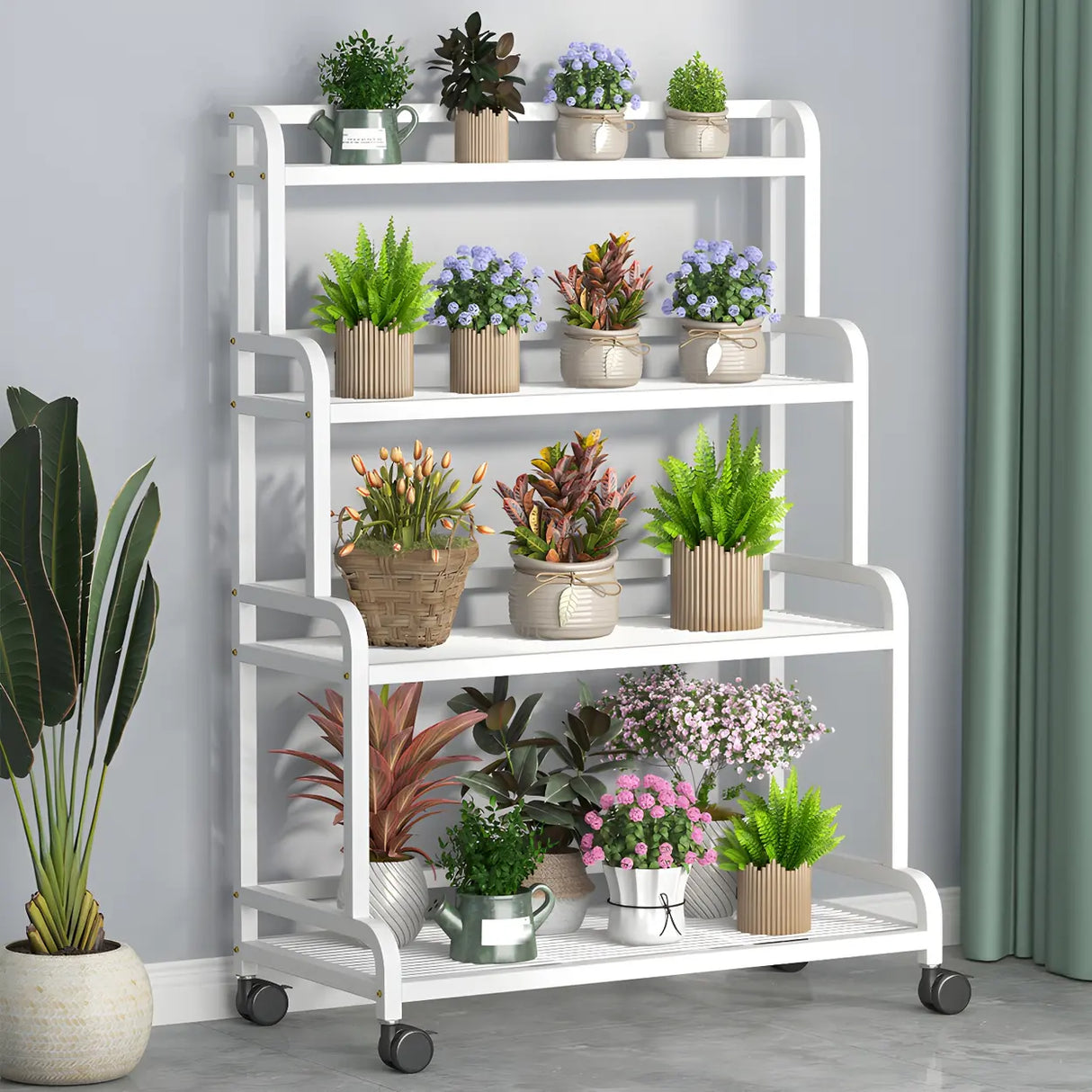 Modern Movable Rectangular White Metal Plant Stand Image - 1