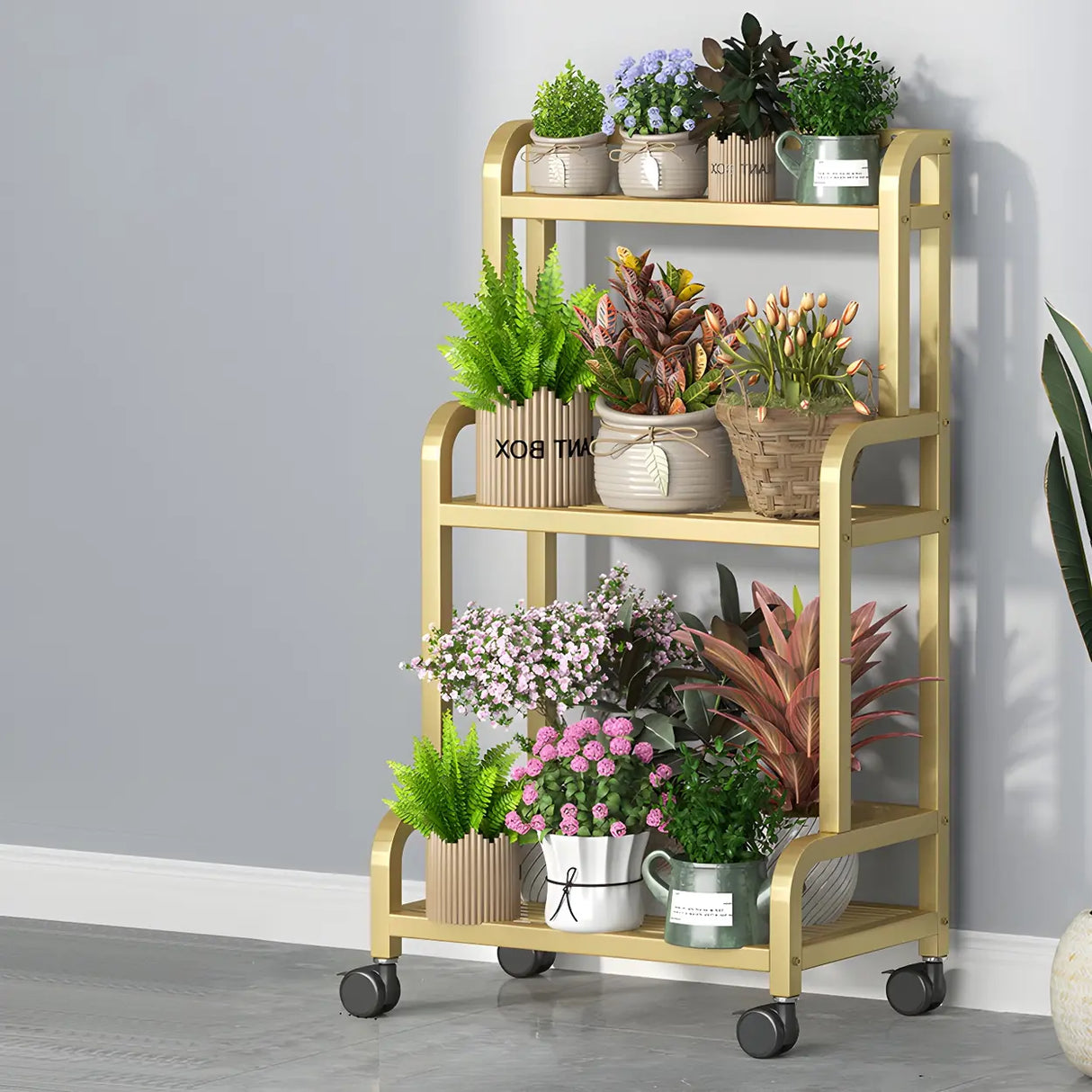 Modern Movable Rectangular White Metal Plant Stand Image - 11