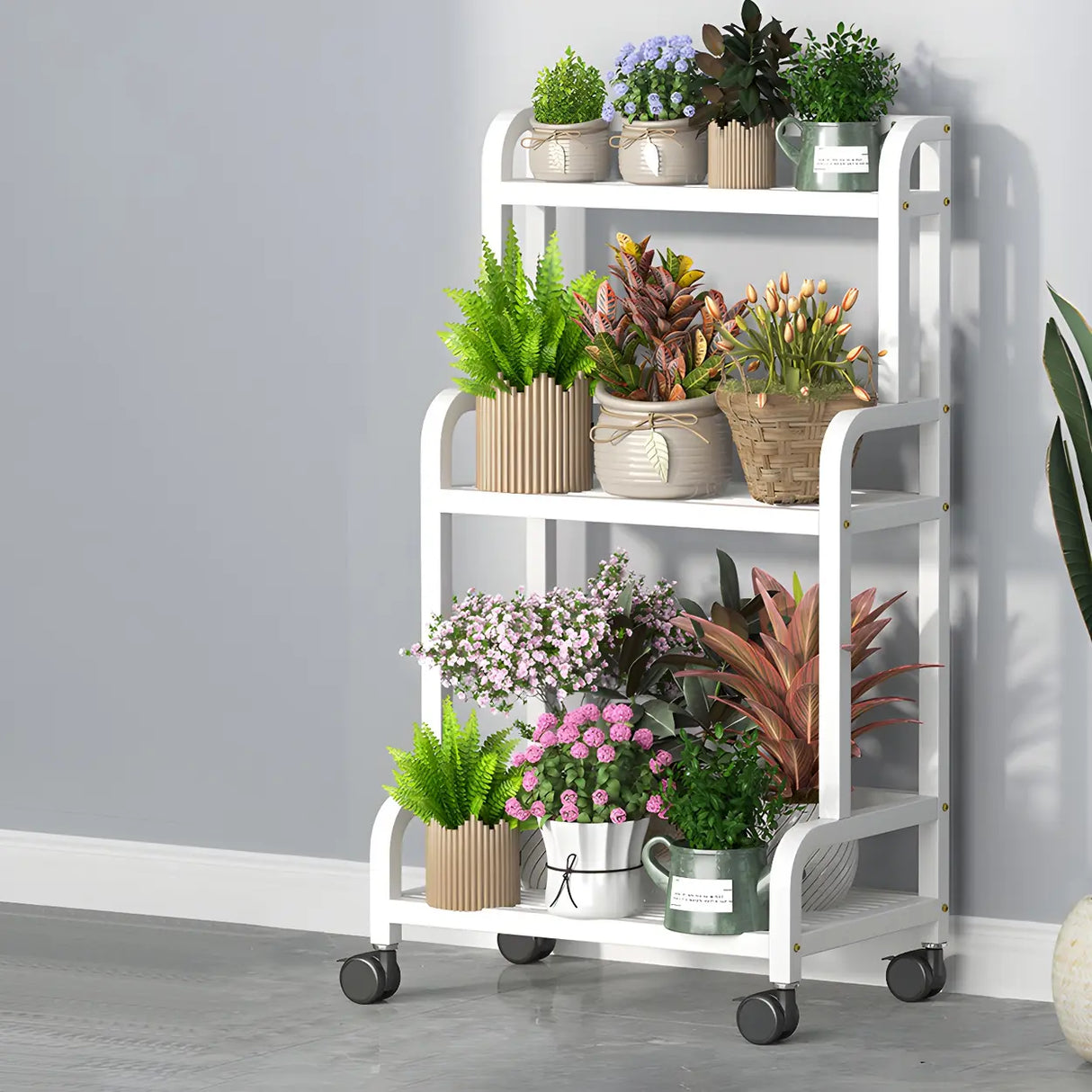 Modern Movable Rectangular White Metal Plant Stand Image - 12
