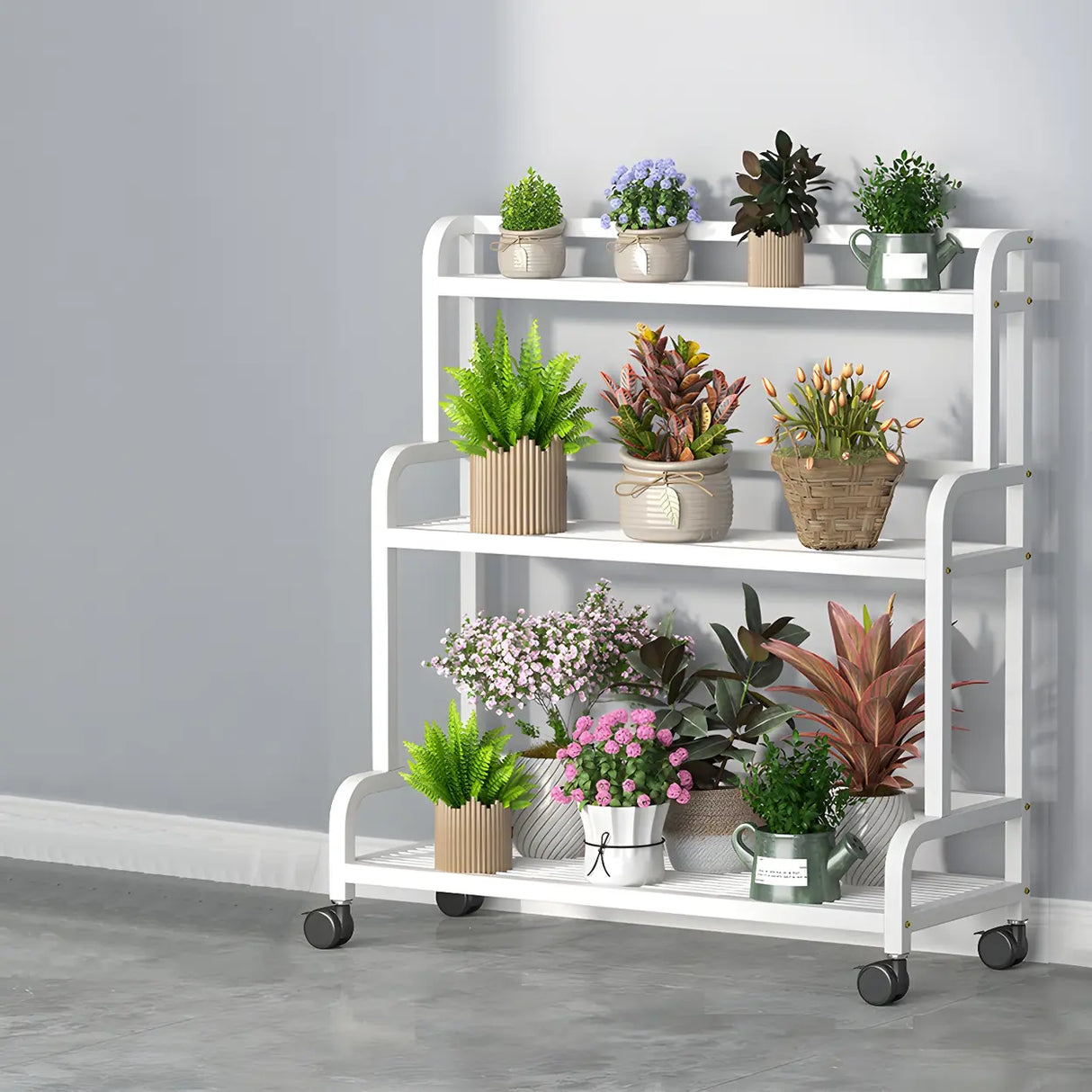 Modern Movable Rectangular White Metal Plant Stand Image - 15