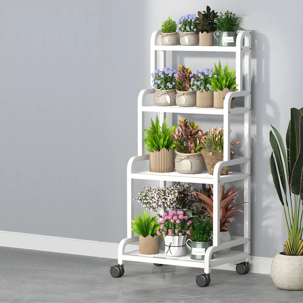 Modern Movable Rectangular White Metal Plant Stand Image - 2