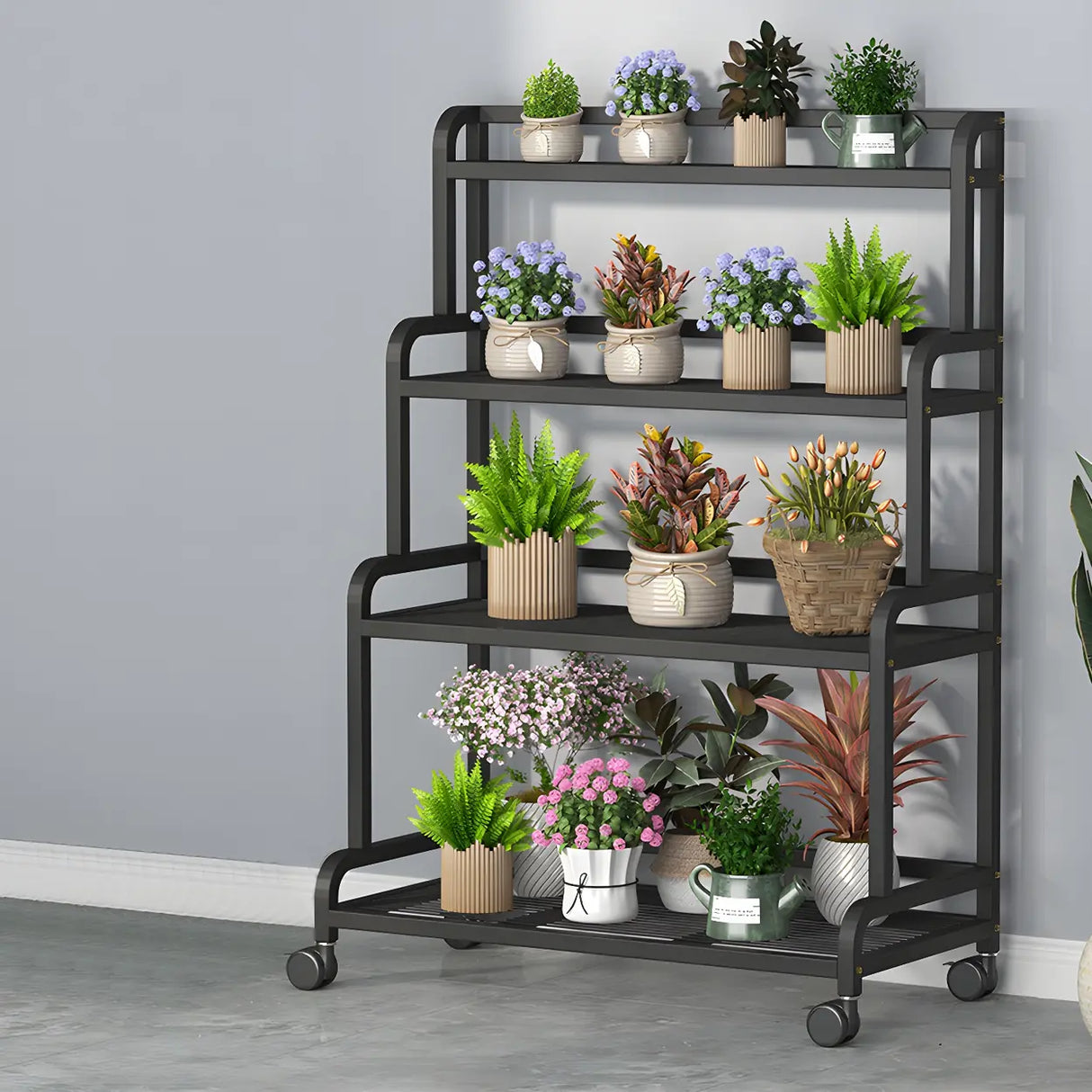 Modern Movable Rectangular White Metal Plant Stand Image - 3