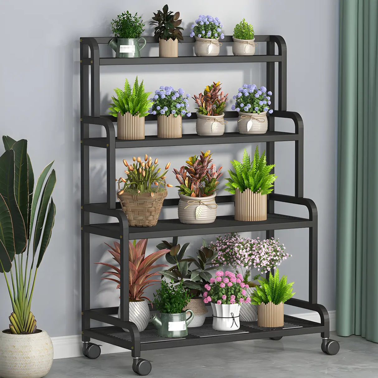 Modern Movable Rectangular White Metal Plant Stand Image - 4