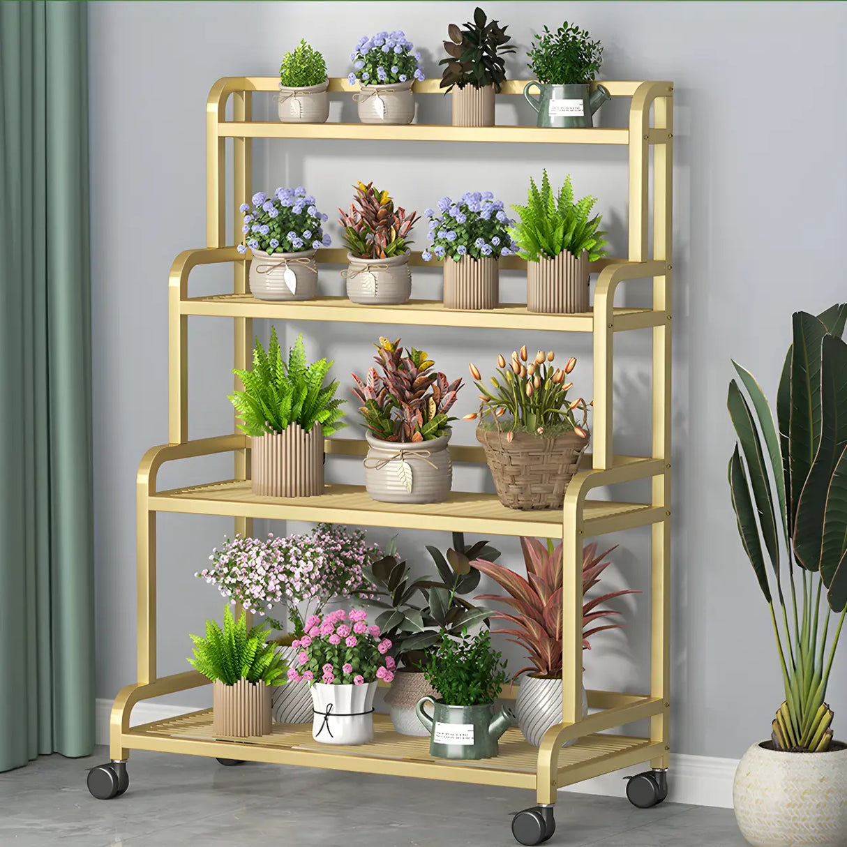 Modern Movable Rectangular White Metal Plant Stand Image - 5