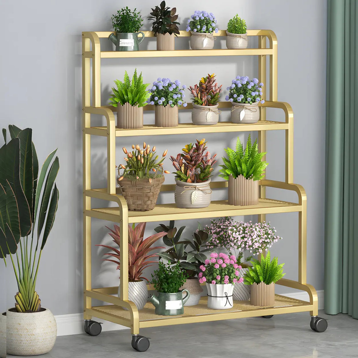 Modern Movable Rectangular White Metal Plant Stand Image - 6