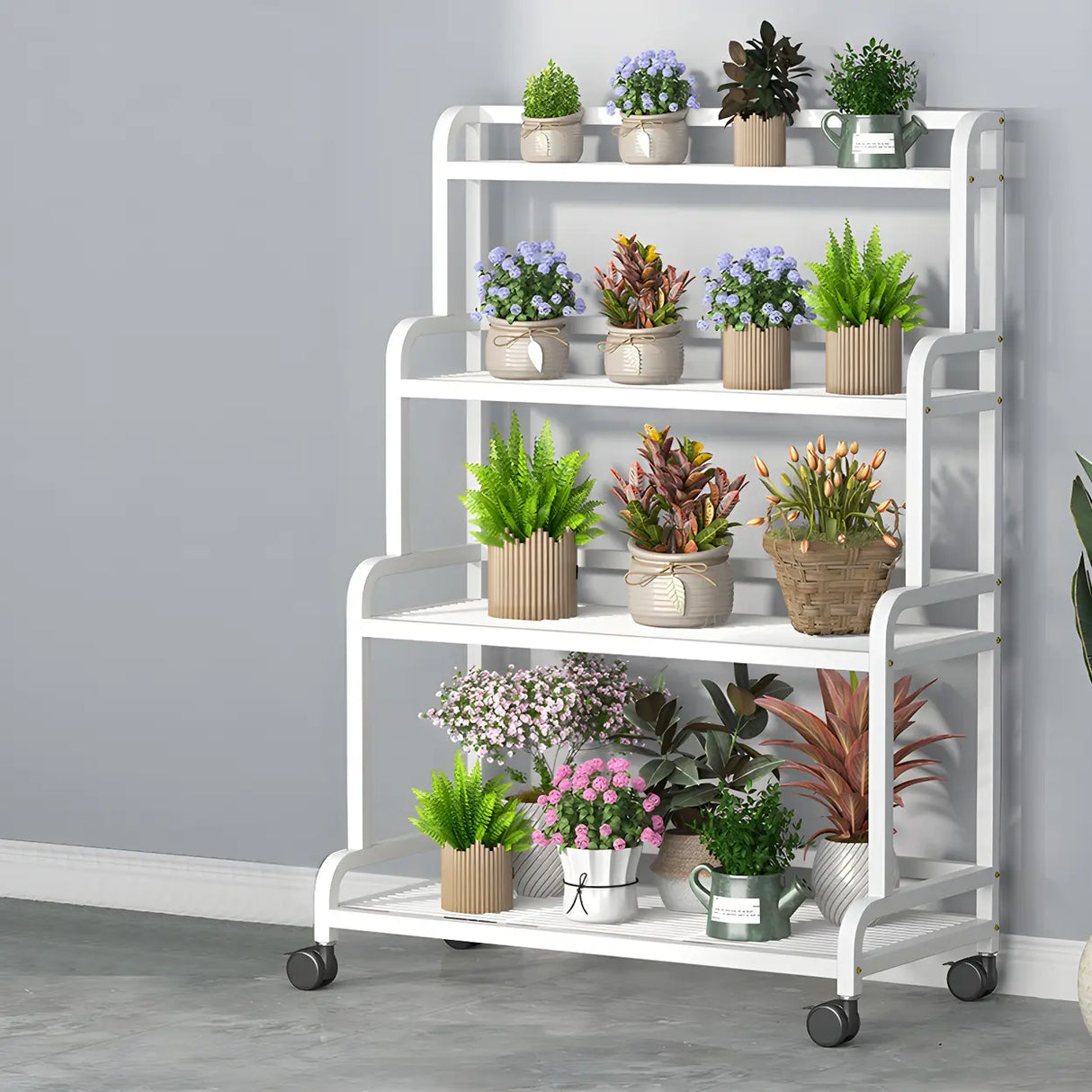 Modern Movable Rectangular White Metal Plant Stand Image - 7