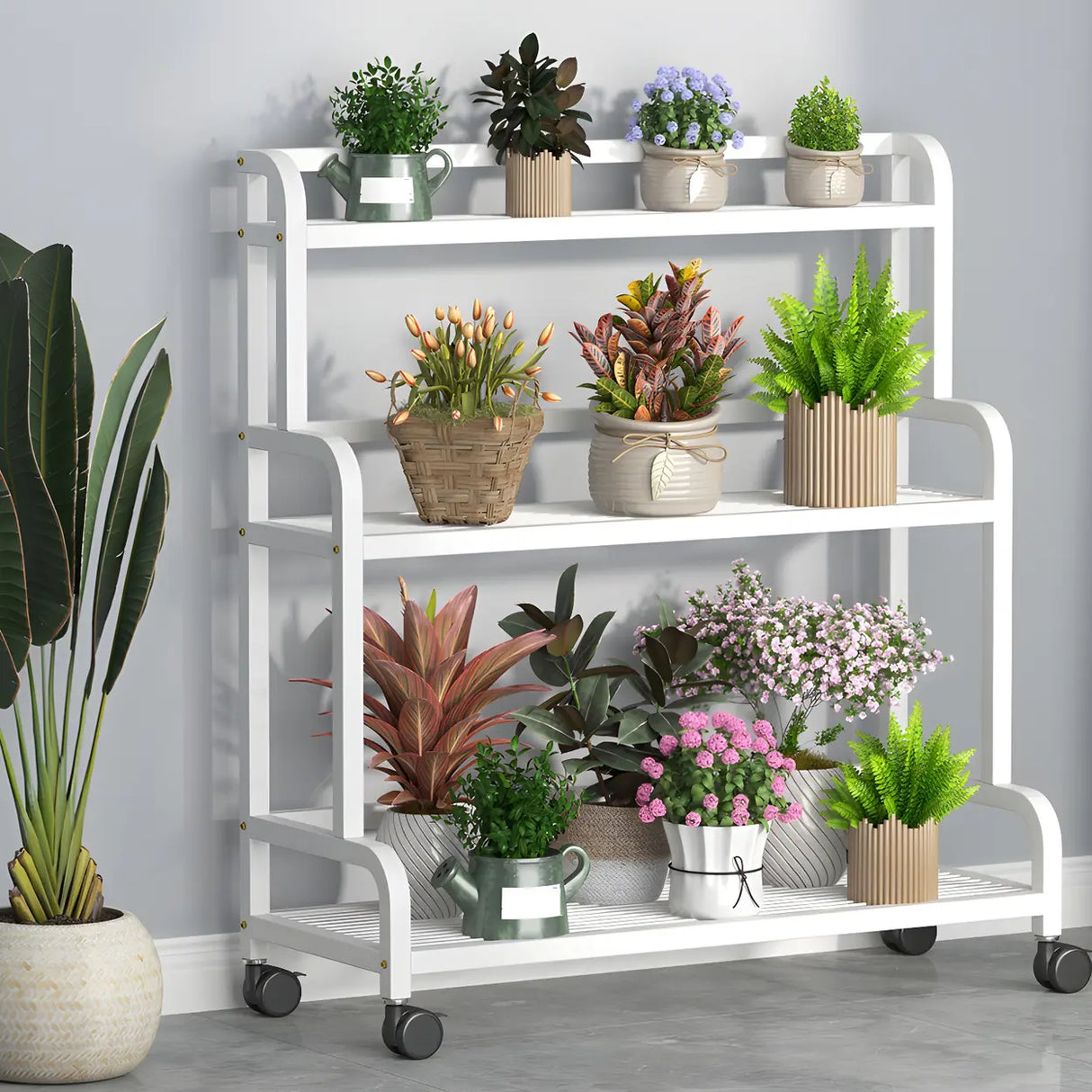 Modern Movable Rectangular White Metal Plant Stand Image - 8